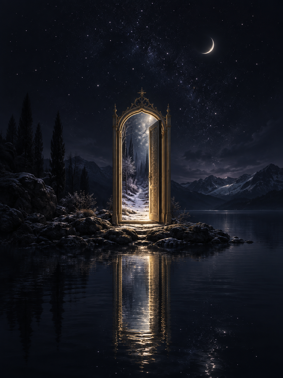 A luminous golden doorway reflected in dark water beneath a crescent moon and stars